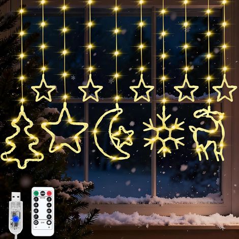 Éclairage de Noël pour fenêtre - Rideau lumineux d'intérieur - 2 m - LED - Décoration de Noël - Flocons de neige - Étoile - Guirlande lumineuse de Noël - Blanc chaud - USB [Classe énergétique A] (1/5)