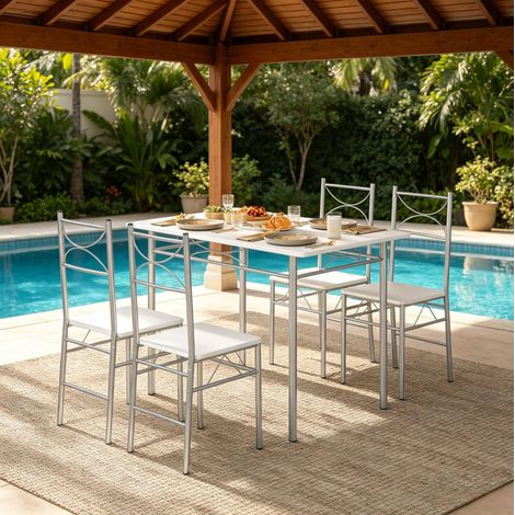 MEUBLIV Table à manger 110x70 cm blanc et argent – ensemble 4 chaises, sans matelas (1/4)