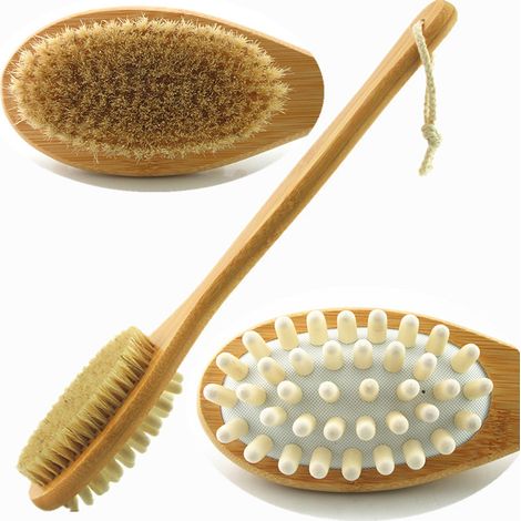 Brosse corporelle en bambou pour exfolier le dos - Brosse de douche en poils de sanglier naturels avec long manche - Exfolie la peau et réduit la cellulite - Utilisation sur peau sèche ou mouillée (1/5)