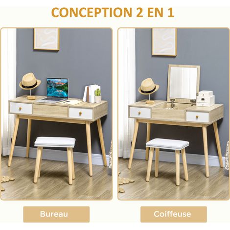 Ensemble coiffeuse tabouret miroir rabattable 2 tiroirs 100x45x118 cm naturel blanc