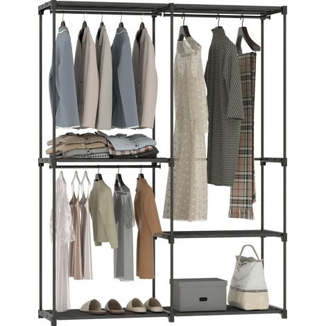 Cabinet to 2 tringles and 4 shelves, in fabric non woven, plastic and steel, 142 x 43 x 185 cm, black (1/5)