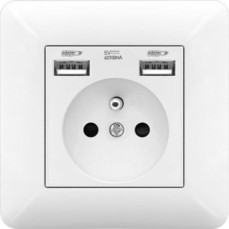 Prise murale 250V/16A avec double ports USB – 5V/2.1A, panneau en plastique, prise électrique standard blanche, compatible avec appareils USB (smartphones, tablettes, etc.) (1/5)