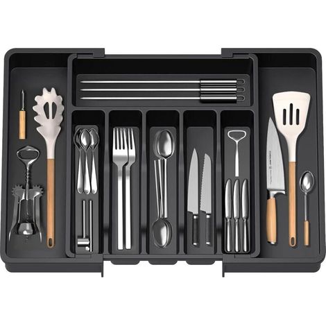 Plateau d'Ustensiles Extensible pour Tiroir,Range Couverts,Organisateur de Tiroir pour la Cuisine,Support de Rangement en Plastique pour Couverts, Cuillères, Fourchettes,etc,Noir