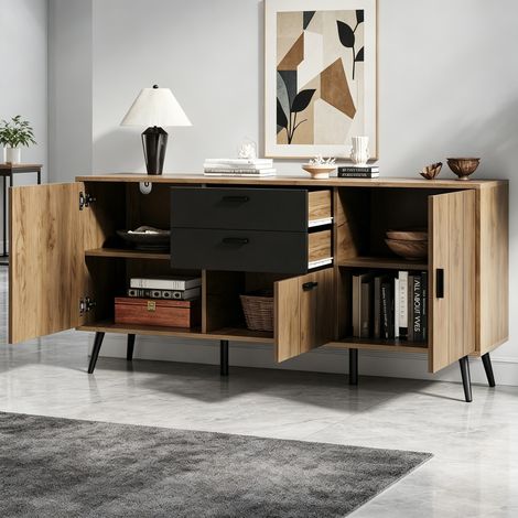 Commode moderne pour salon, buffet, meuble de rangement, avec grand plan de travail, 2 tiroirs, 3 portes, meuble d'appoint pour salon, salle à manger, cuisine, coloris noir et bois, 140 x 35 x 67 cm (1/4)