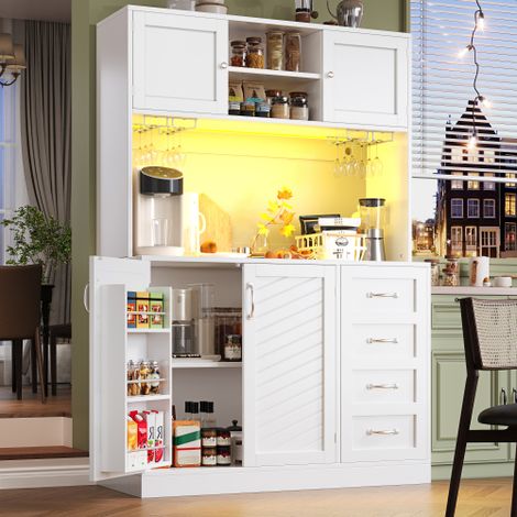 Buffet avec éclairage LED, 4 portes et 2 grands tiroirs, blanc 120x40x188 cm