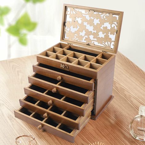 Gojoy – Boîte à bijoux en bois sculpté 6 couches – Organisateur vintage 35 compartiments – Dimensions 30 x 19 x 25 cm – Idéal pour montres et anneaux (1/5)