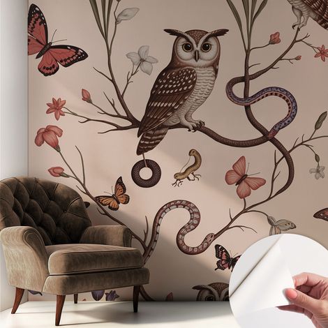 Papier peint autocollant décoratif à motifs pour salon chambre et bureau Tapete adhésif pour décoration Hibou nature 250x250 cm (1/5)