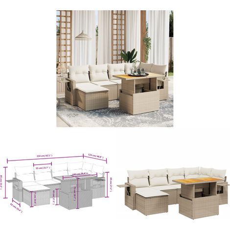 Salon de jardin avec coussins 7 pcs beige résine tressée - Ensemble Salon De Jardin - Meuble Extérieur - Résine Tressée - Rotin Synthétique - Table Extensible - Home & Living (1/3)