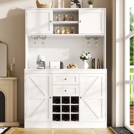 Buffet de cuisine MDF blanc 120x40x188 cm, 4 portes, 2 tiroirs, étagères réglables, range-bouteilles et porte-verres (1/5)