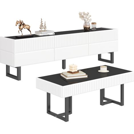 Ensemble Meuble TV et Table Basse avec Tiroirs et Étagères Ouvertes, Salon Moderne, Noir et Blanc, GL18904W (1/5)