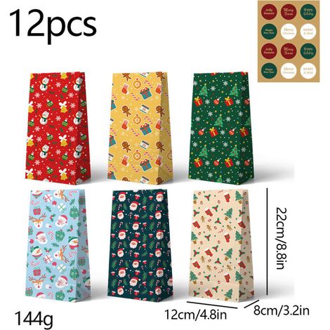 12 sacs cadeaux de Noël 21,8 x 11,9 cm – Motifs bonhomme de neige, pain d'épices, Père Noël et sapin Cadeaux de fête en papier kraft pour les fêtes