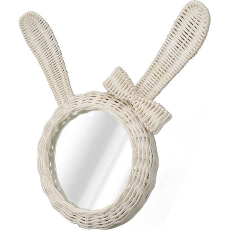 Miroir décoratif en rotin HD rétro en forme de lapin blanc, idéal pour salle de bain ou chambre. (1/5)