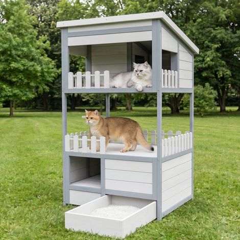 Maison pour chat extérieur 68x64x124 cm – Abri en bois de sapin massif, résistant aux intempéries, avec tiroir à litière galvanisé, cabane d’hiver pour chats (1/5)