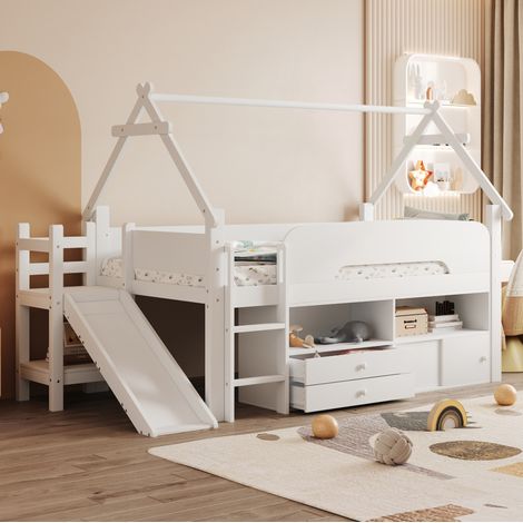 Cama infantil casita 90 x 200 cm con tobogán, almacenaje y barreras, MDF, blanca (1/5)