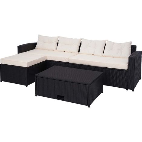 Salon de jardin en poly-rotin noir ensemble lounge balcon terrasse canapé avec rangement avec coussins crème-beige 040004220