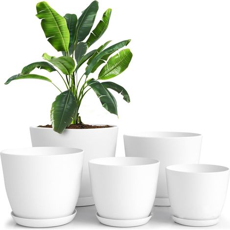 Blumentöpfe 5er-Set, Blumentopf mit Untersetzer für Küche, Balkon, Garten, Pflanzen, Innenblumentöpfe (weiß) (1/5)