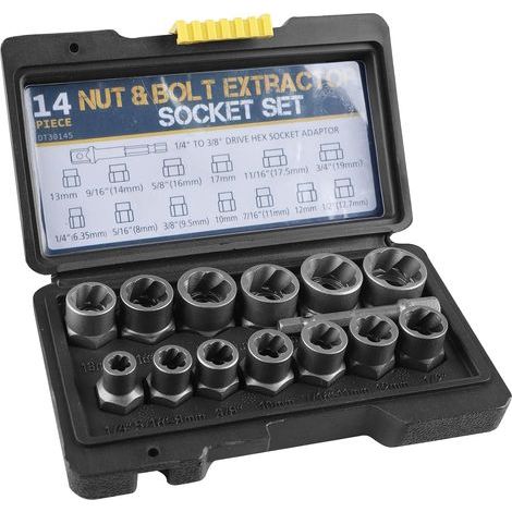Lot de 14 extracteurs d'écrous WIYETY Jeu d'extracteurs de vis à profil hélicoïdal, Jeu de clés à douille, Extracteur de boulons pour enlever les écrous et vis endommagés et rouillés (6,35-19 mm) (1/5)