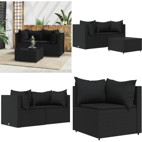 3-tlg. Garten-Lounge-Set mit Kissen Schwarz Poly Rattan - Gartensortiment - Gartenmöbel - Loungeset - Outdoor Möbel - Rattan Gartenmöbel - Home & Living (1/5)