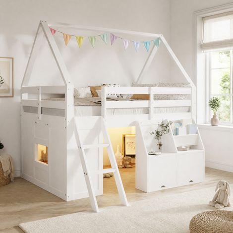 DESMIU Lit mezzanine enfant 140 × 200 cm avec escalier, LED, coffres à couvercle et sacs, sans matelas, bois blanc (1/5)