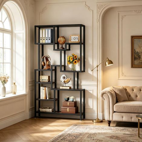 Bibliothèque 100x30x180 cm métal et panneaux de particules noir et brun, gain de place – MEUBLIV (1/5)