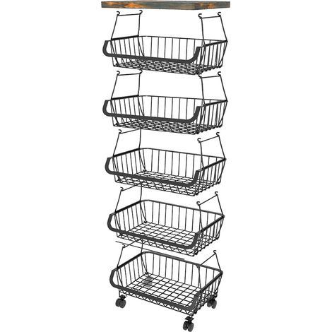 Panier de rangement rotatif à roulettes avec plateau supérieur, chariot organisateur de fruits et légumes à plusieurs niveaux en fil métallique pour la cuisine, 6 niveaux (1/5)