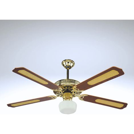 Ventilatore da soffitto con plafoniera 4 pale in legno finitura ottone e paglia  diametro 130 cm