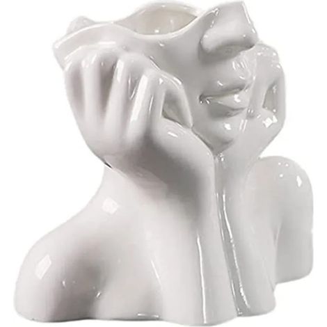 Vase en céramique blanche représentant un demi-visage féminin, sculpture artistique, style nordique. (1/5)