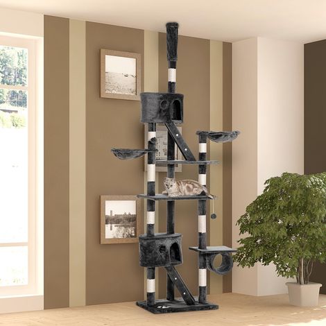 Tiragraffi a tutta altezza, 240-260 cm, con altezza regolabile, piattaforme multiple, cucce, cestini e rampe, grigio.