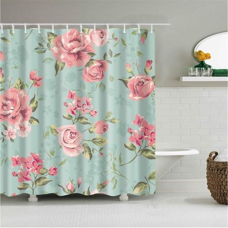 Duschvorhang (180 x 200 cm) mit Blumen- und Blattmuster, Aquarell-Blumenmuster in Pastellfarben, wasserdichtes Polyestergewebe für Badezimmer, inklusive 12 Haken