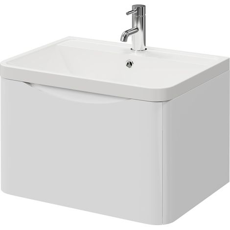 Vela Gloss White 600mm Wall Mounted Single Drawer Vanity Unit with Anya Basin