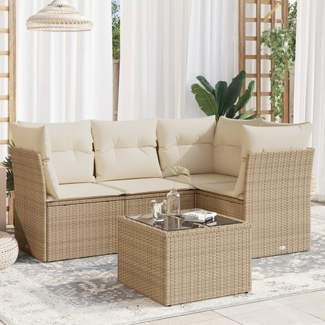 5-tlg. Garten-Sofagarnitur mit Kissen Beige Poly Rattan (1/3)
