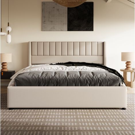 Letto contenitore imbottito moderno in lino beige 180x200 cm con testiera, rete a doghe e vano con sollevamento idraulico