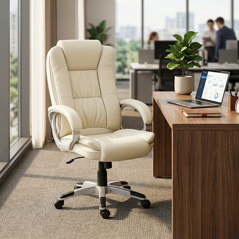 Fauteuil de bureau pivotant en cuir PU, basculant, dossier haut réglable en hauteur, beige (1/5)