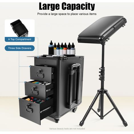 Support de repos noir Mallette à roulettes pour tatouage Valise de maquillage portable avec accoudoirs pour tatouage Mallette de maquillage avec 4 roulettes universelles Support d'accoudoir réglable e (1/5)