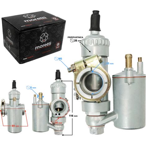 Carburateur 2 temps WSK 125 – Corps de papillon 26mm – Diamètre admission 25mm – Fixation filtre 35mm – Pièces détachées Moretti