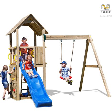 Fungoo Spielturm "Carol 2", natur, mit Rutsche, Schaukel und Kletterwand