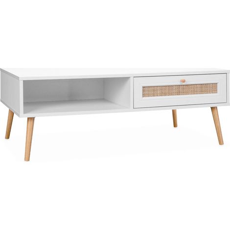 Table basse en cannage 110x59x39cm - Bohème - Blanc. 1 tiroir. 1 espace de rangement. pieds scandinaves