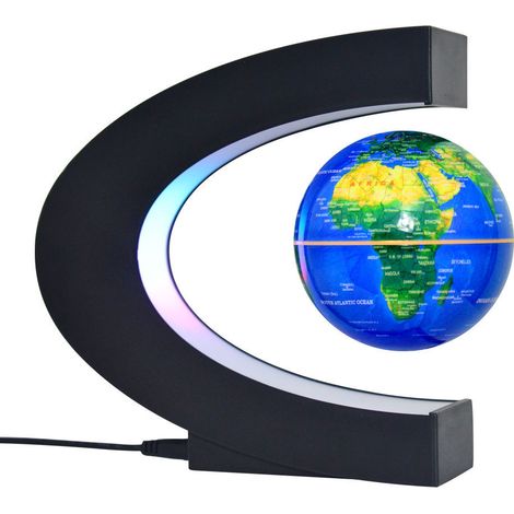 Globe terrestre flottant Maglev de 3 pouces avec base en forme de C et lumières LED pour la décoration de bureau à domicile (bleu, prise UE) (1/5)