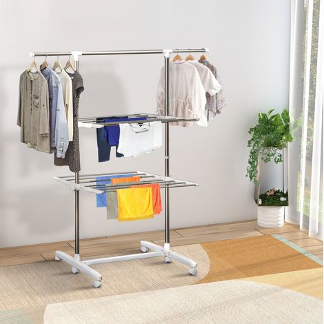 Stendibiancheria mobile pieghevole a 2 livelli con ali laterali, acciaio inox, 136,5 cm (1/5)