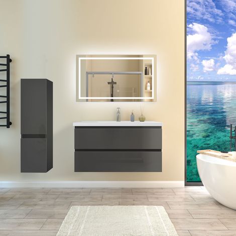Ensemble de meubles de salle de bain Brillance Anthracite 100cm, Vasque Céramique + 110cm Colonne + Miroir Lumineux avec 3 Couleurs