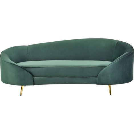 Sofa Emerald Green Velvet Glamour Curved Retro Styled 2 Seater with Gold Metallic Legs SAVAR