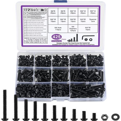 425 Pcs M4 Jeu de Vis et Écrous, Vis Boulon et Écrous à Tête Hexagonale Noir Vis à Tête Hexagonale Ronde et Écrous et Rondelles Assortiment Kit,et Clés,Acier Au Carbone Vis à Six Pans Creux à Tête (1/5)