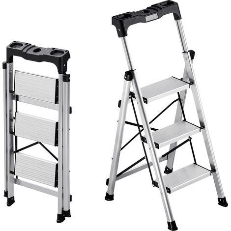 Escabeau Pliant 3 Marches Marchepied Pliable Charge 150 kg Échelle Domestique Alliage d'Aluminium pour Travaux Ménagers, Bricolage, avec Larges Marches Antidérapantes, Plateau à Outils, Argenté (1/5)