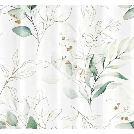 Rideau de Douche Anti-Moisissure 180x180 cm, Polyester Imperméable et Lavable, Motif Feuilles d'Eucalyptus Dorées sur Fond Vert, pour Salle de Bain