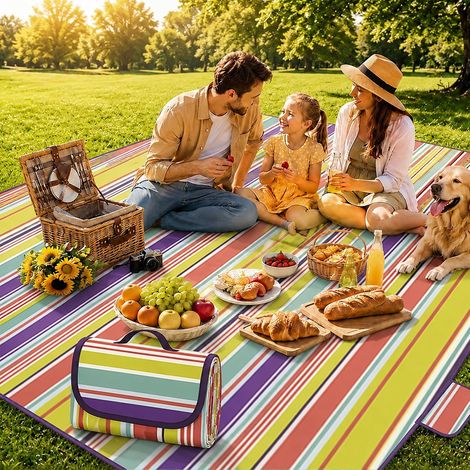 Couverture de Pique-Nique Imperméable, Tapis de Pique-Nique de Camping et Léger avec Poignée, Tapis de Plage Lavable et Portable pour Camping, Parc, Randonnée, Jardin (B-Arc-en-Ciel,150x70cm) (1/5)
