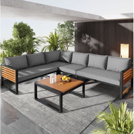Fünfteiliges Outdoor-Möbelset aus Metall und Polyester in Grau, flexibel stellbare Gartenlounge mit Holztisch (1/5)
