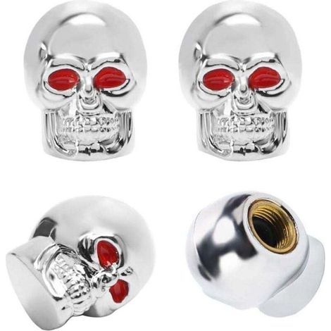 4 Pièces Bouchons de Valve Crâne Chrome Pneu Accessoires de Voiture Bouchons de Valve Universels pour Voiture SUV Moto Vélo (Argent) (1/5)