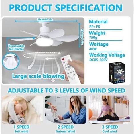 Deckenventilator mit LED-Beleuchtung, Fernbedienung, dimmbar, 6 Flügel, 3 Geschwindigkeitsstufen, leise, für Wohnzimmer oder Schlafzimmer (1/5)