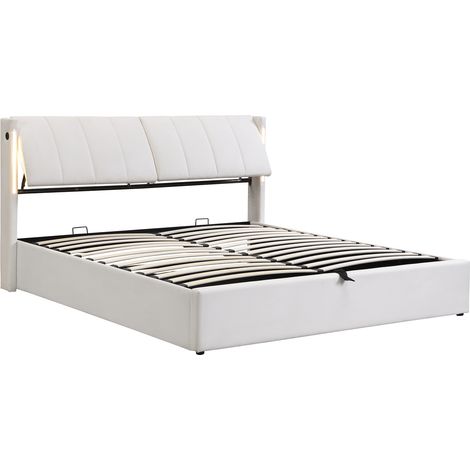 Letto imbottito LED 140 x 200 cm in PU bianco con contenitore, USB e testiera regolabile (1/5)