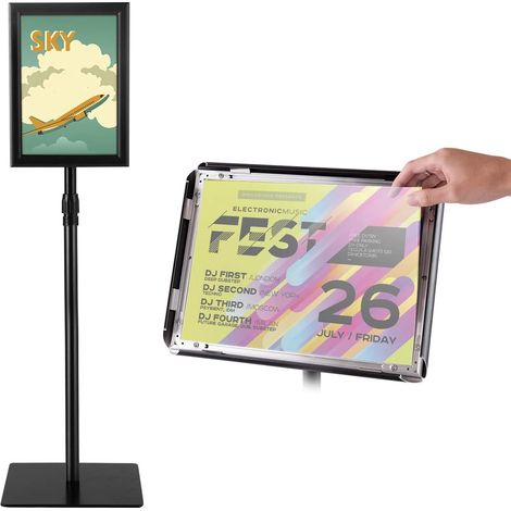 GOPLUS Porte-affiche A4 sur Pied en Aluminium, Panneaux d’Affichage Rotation a 360°, Hauteur Reglable 73,5-118CM, Base en Metal, Affiche Remplacable pour Promotion/Mariage/Publicite/Menu (Noir, A4) (1/4)